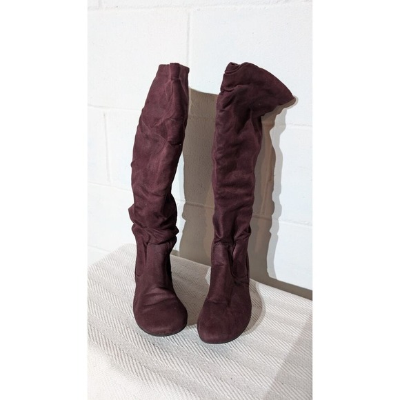 Plum Purple Burgundy Slouch Boots Knee High Pull On Suede Type Shoes 7 - Picture 2 of 4